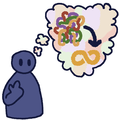 A drawing of a dark blue person pointing at themself. From their head is a thought bubble in a mix of pale colours and in it is scribbled mess in a mix of colours with an arrow pointing to an autism infinity symbol.